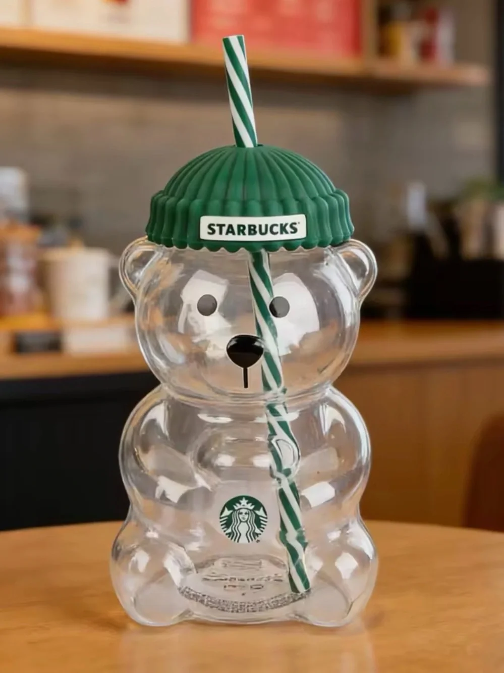 Starbucks Clear Bear-Shaped Glass Cup with Green Beanie Lid